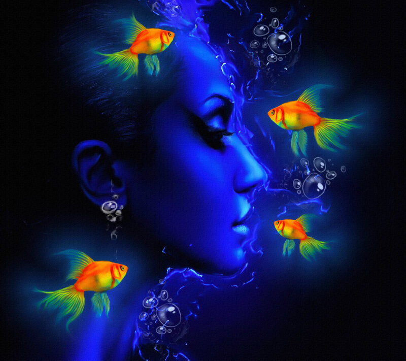 Woman with Goldfish — Blue, Dreamy
