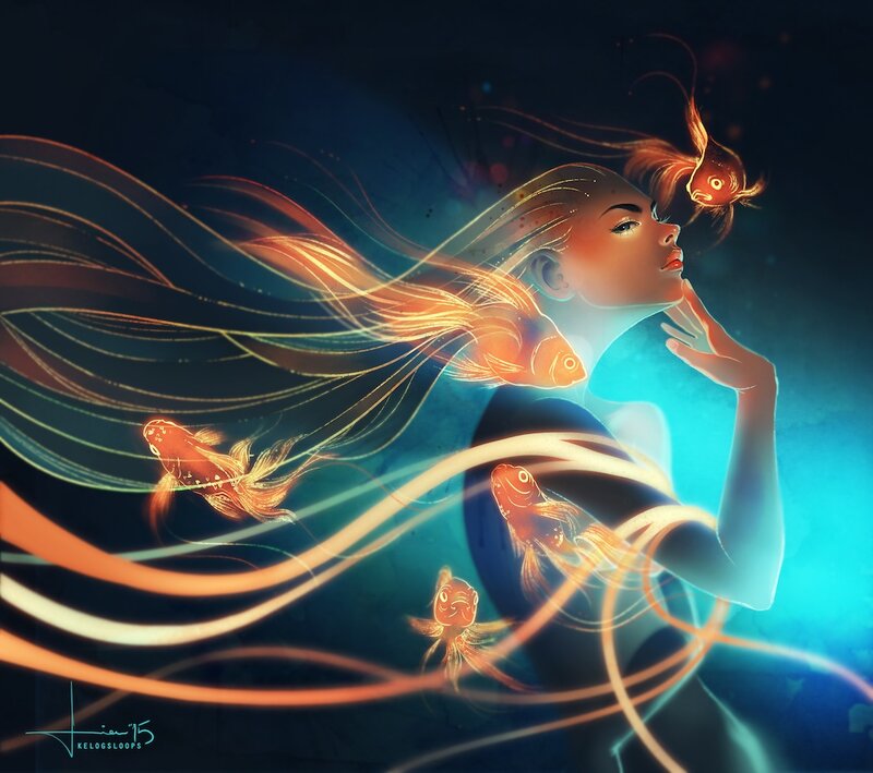 Woman with Goldfish — Blue, Serene