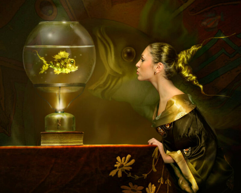 Woman with Goldfish — Brown, Dramatic, Digital Art
