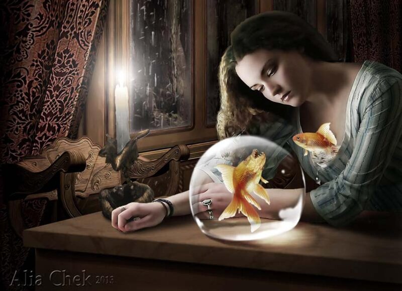 Woman with Goldfish — Brown, Dramatic
