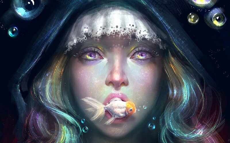 Woman with Goldfish in Mouth