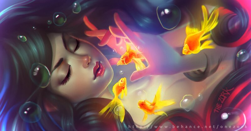 woman with goldfish in water