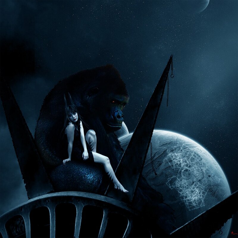 woman with gorilla on moon