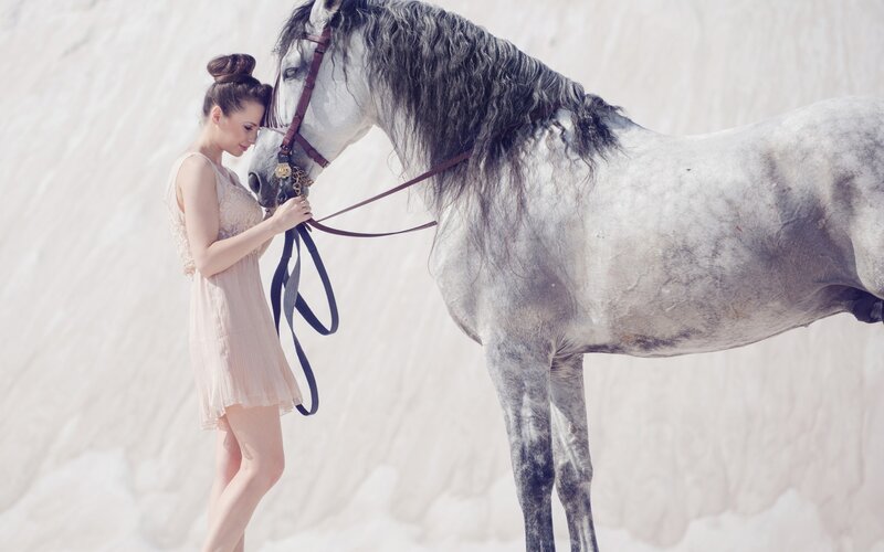 Woman with Gray Horse — White, Serene
