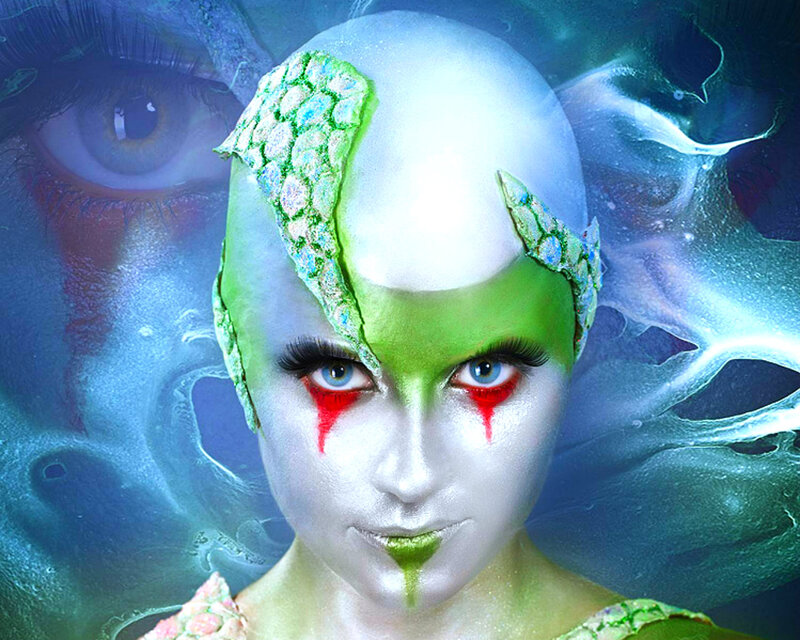 Woman with Green and White Makeup