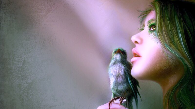 woman with green bird