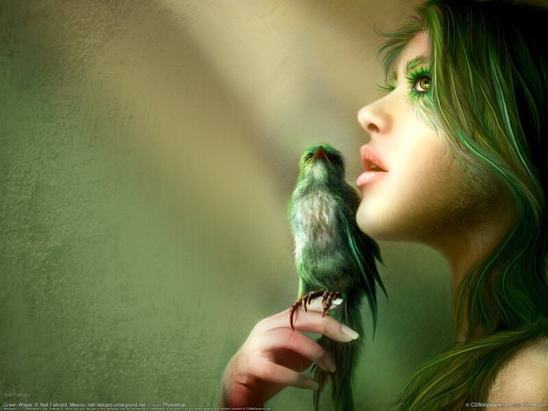woman with green bird