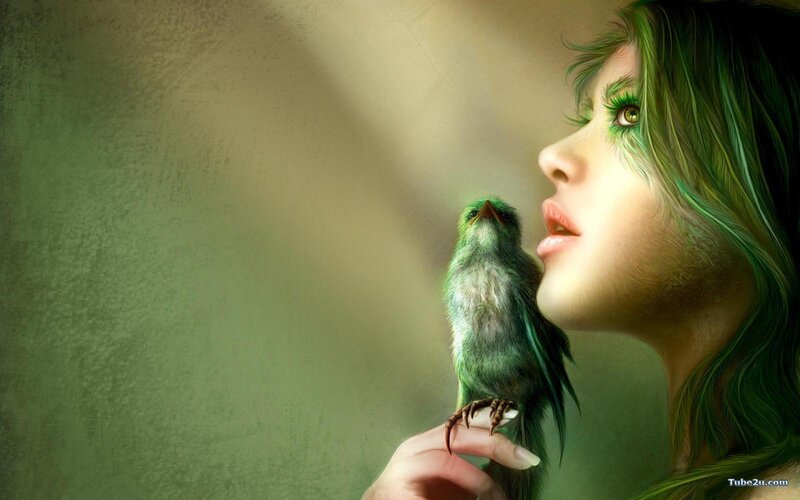 woman with green bird