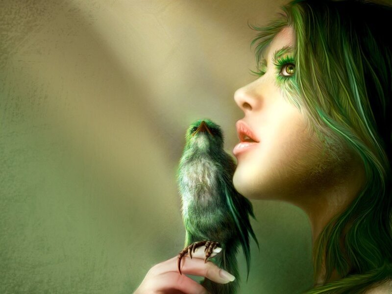 woman with green bird