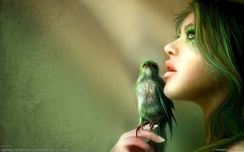 woman with green bird