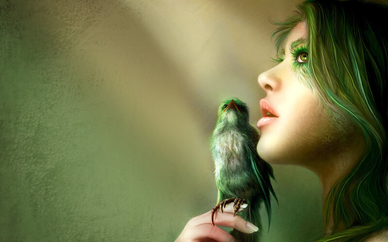 woman with green bird
