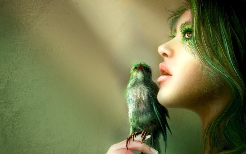 woman with green bird