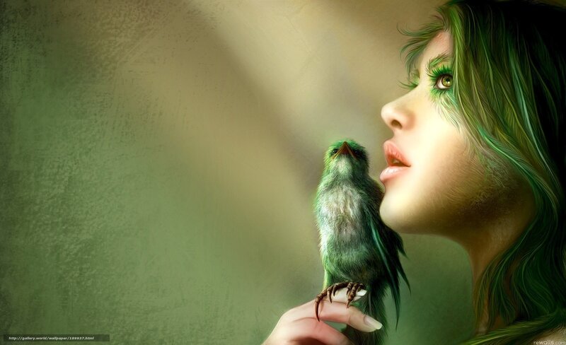 woman with green bird
