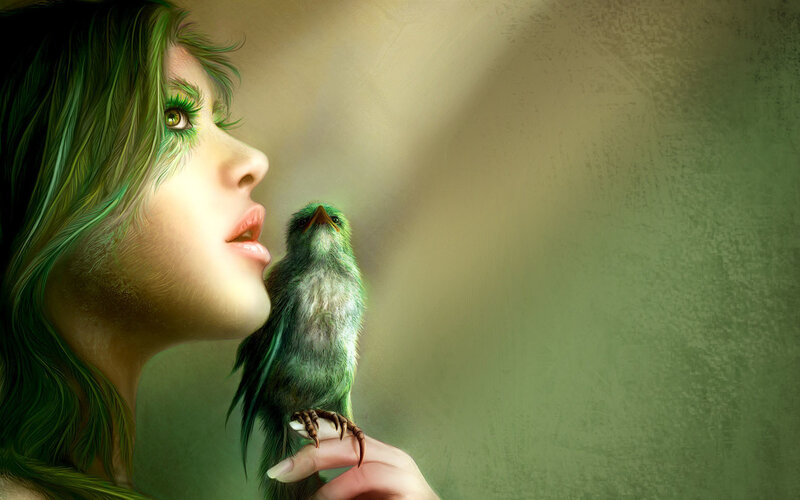 woman with green bird