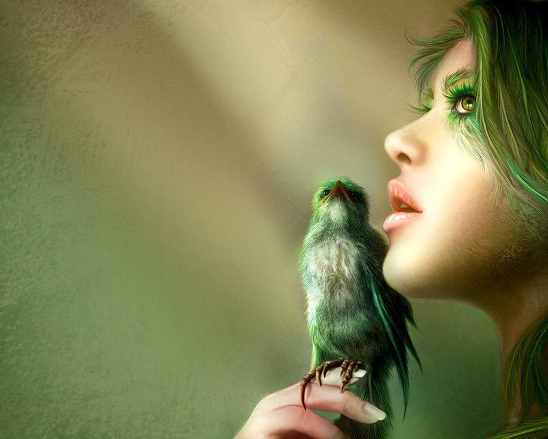 woman with green bird
