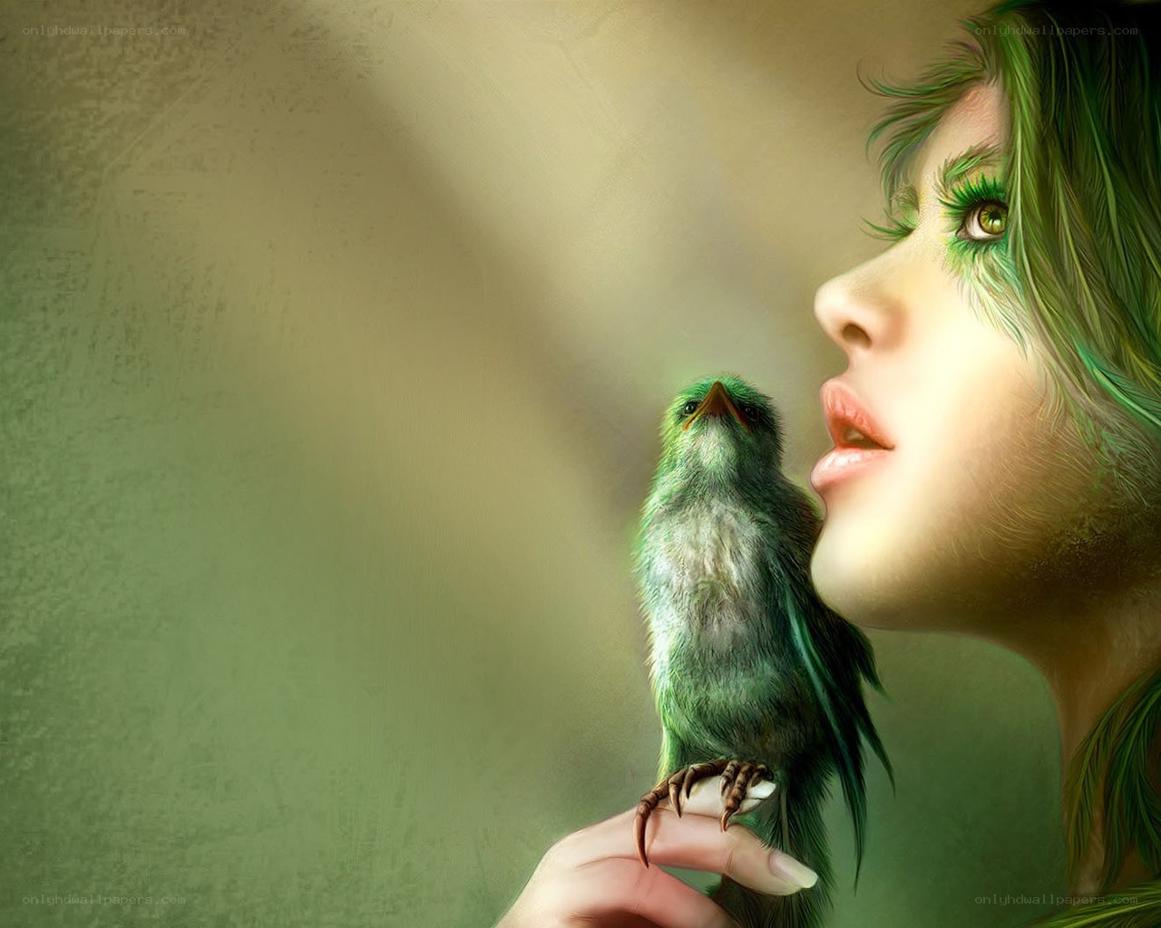 woman with green bird