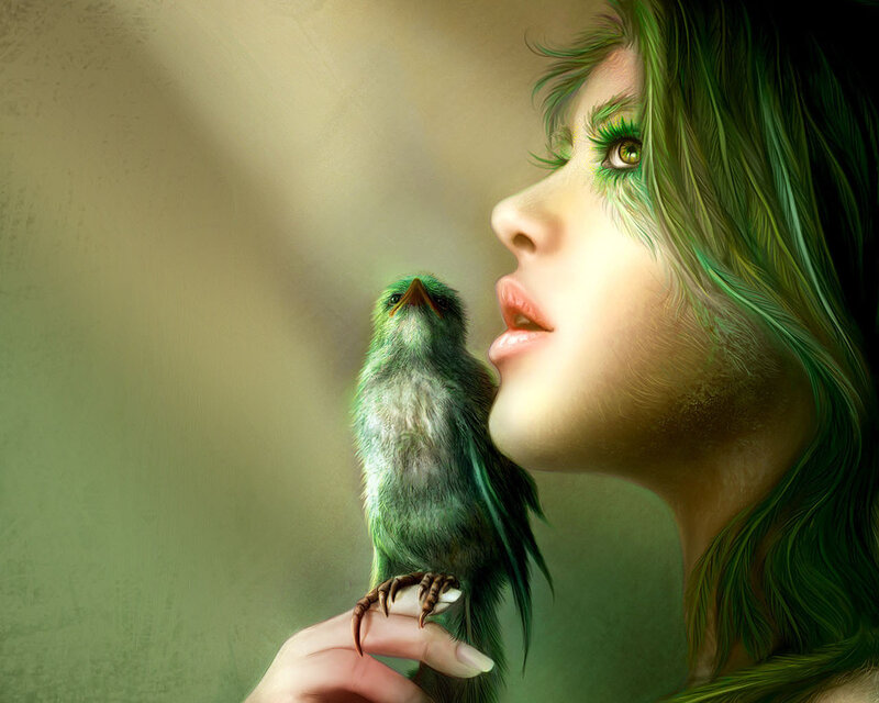 woman with green bird