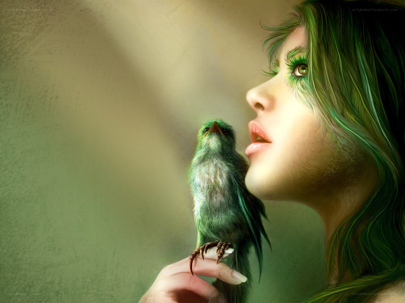 woman with green bird
