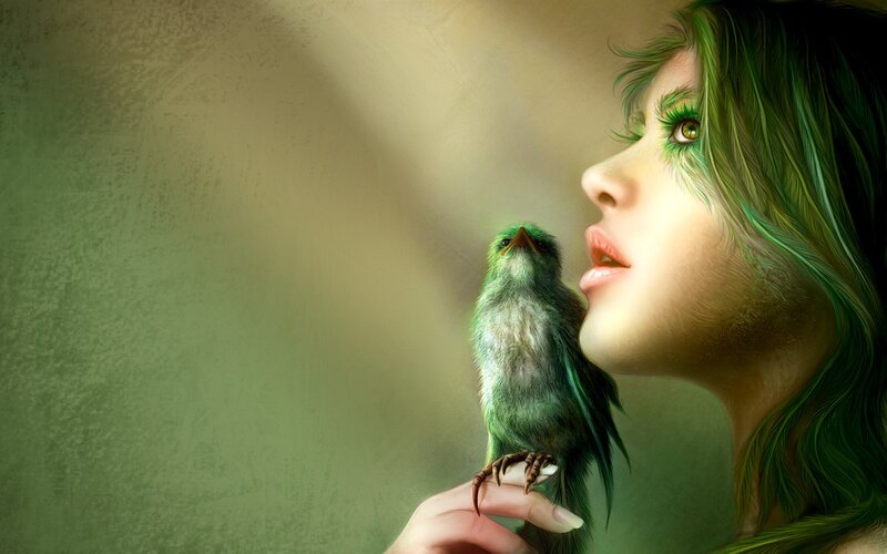 woman with green bird