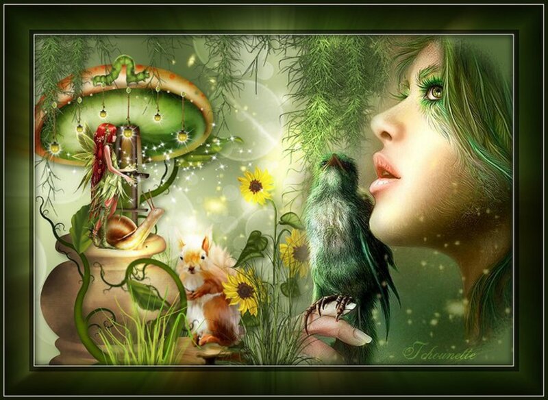 Woman with Green Bird — Serene, Spring