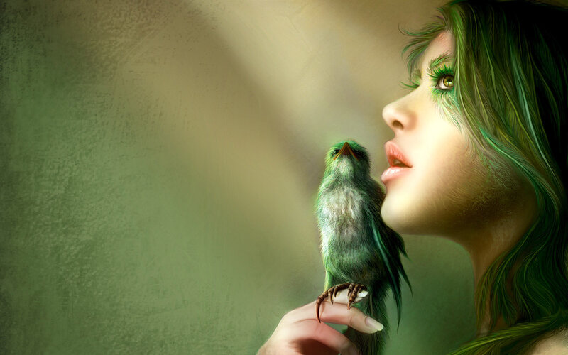 Woman with Green Bird — Serene