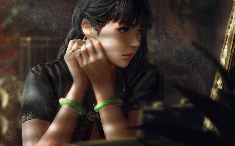Woman with Green Bracelets