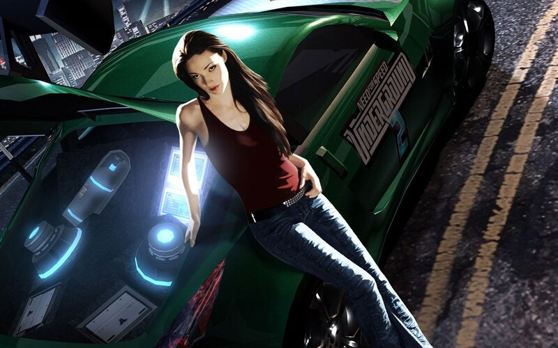 Woman with green car at night