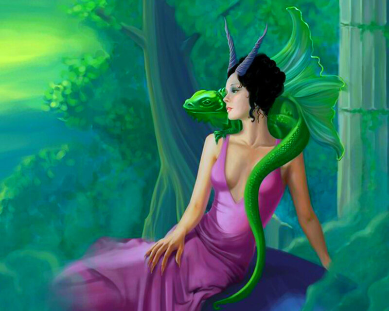 Woman with Green Dragon — Serene, Digital Art, Dress