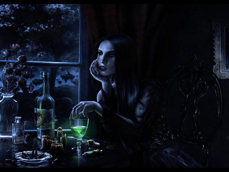 woman with green drink at night