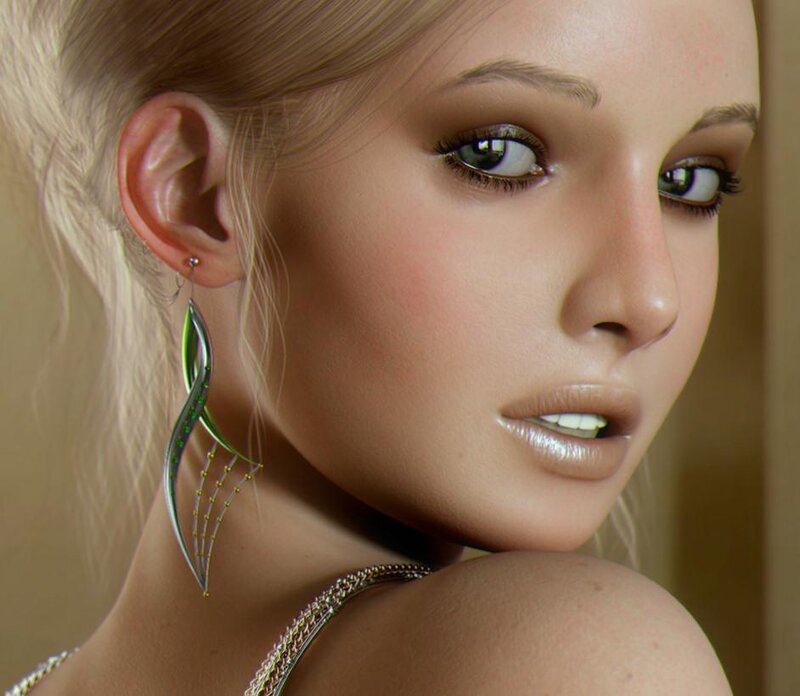 woman with green earrings