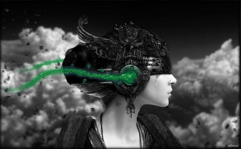 woman with green energy headgear