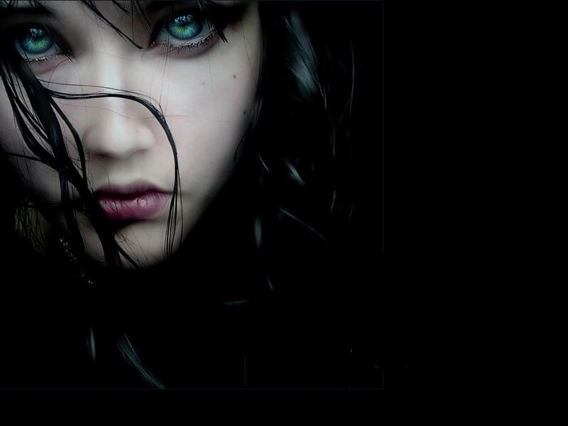 Woman with Green Eyes — Black, Dramatic, Digital Art, Black Hair