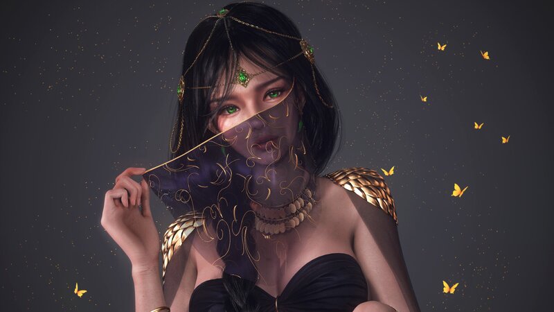 Woman with Green Eyes — Black, Dramatic, Digital Art, Butterflies