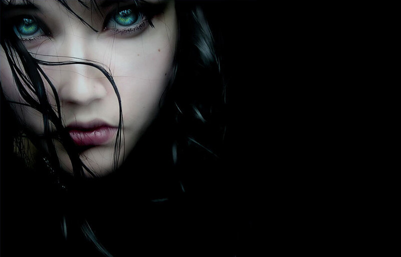 Woman with Green Eyes — Black, Dramatic, Digital Art, Dark Hair, Close-up