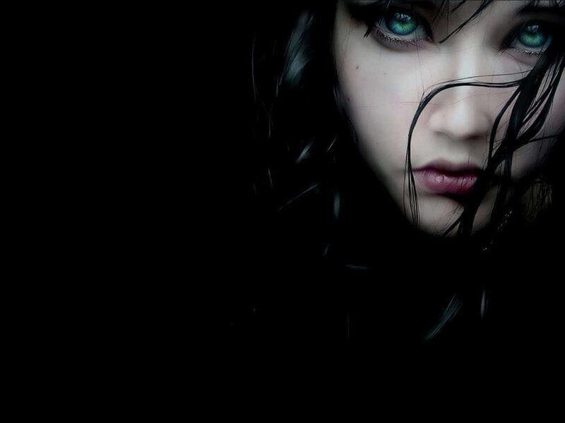 Woman with Green Eyes — Black, Dramatic, Digital Art, Dark Hair