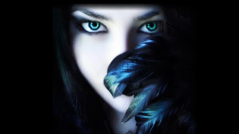 Woman with Green Eyes — Black, Dramatic, Digital Art, Feathers
