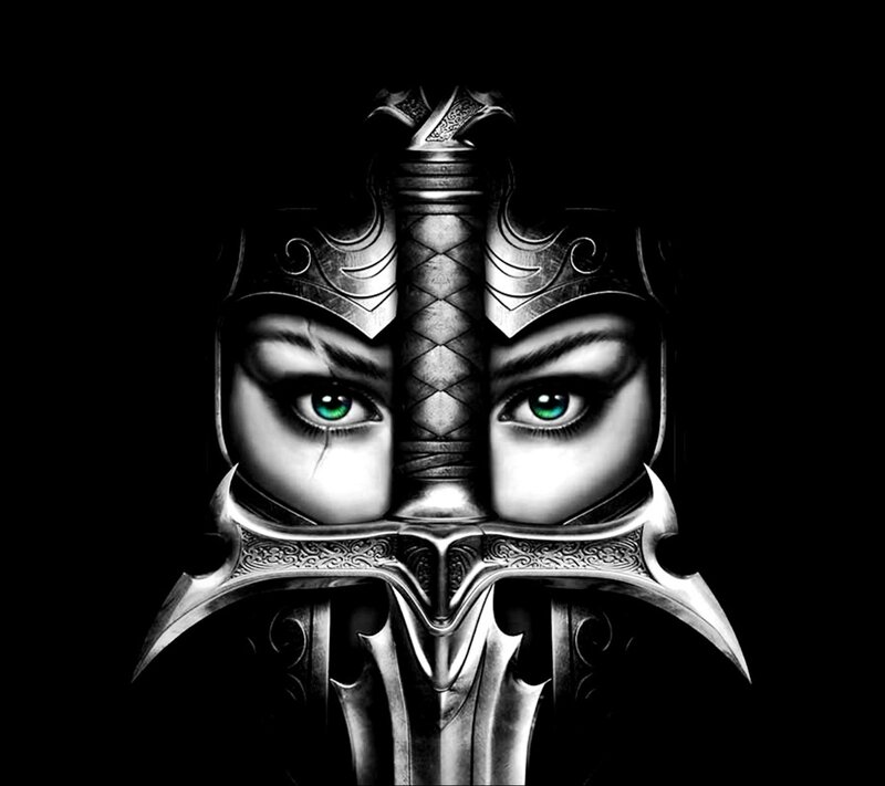 Woman with Green Eyes — Black, Dramatic, Digital Art, Sword