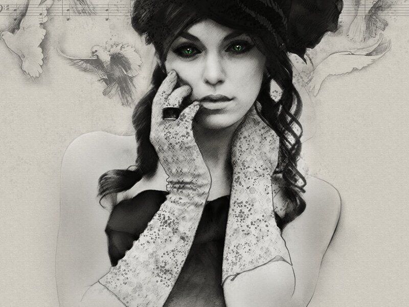 Woman with Green Eyes — Black, Dramatic, Illustration