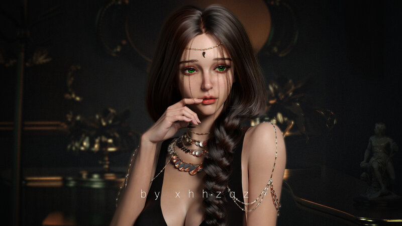 Woman with Green Eyes — Black, Dramatic, Night, 3d Render