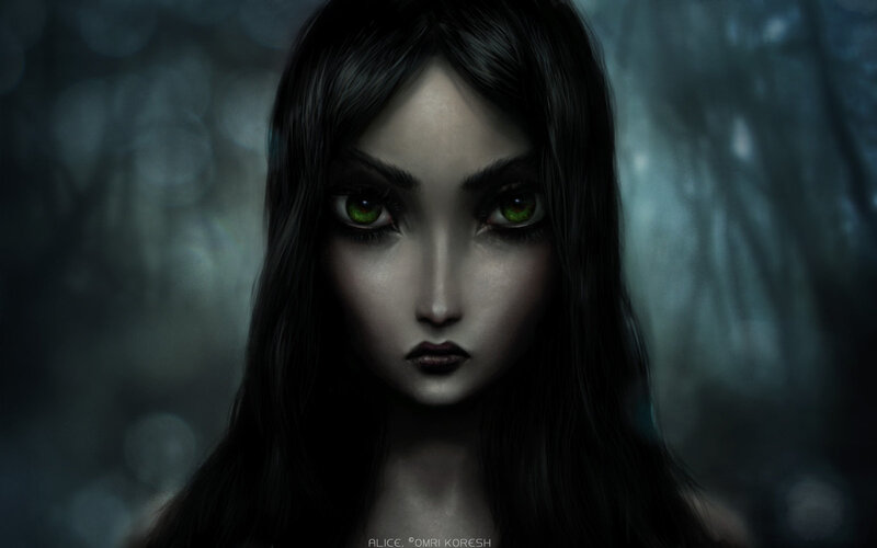 Woman with Green Eyes — Black, Dramatic, Night, Digital Art, Forest