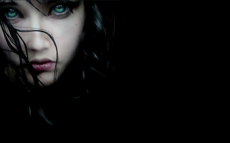 Woman with Green Eyes — Black, Dramatic, Night, Digital Art, Hair