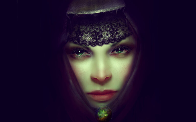 Woman with Green Eyes — Black, Dramatic, Night, Digital Art, Lace Headband
