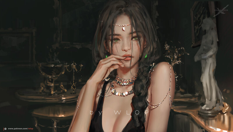 Woman with Green Eyes — Black, Dramatic, Night, Digital Art, Necklace