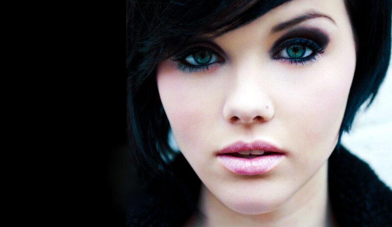 Woman with Green Eyes — Black, Dramatic, Photograph, Black Hair, Makeup, Coat