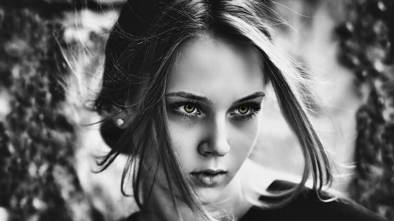 Woman with Green Eyes — Black, Dramatic, Photograph, Hair, Earring