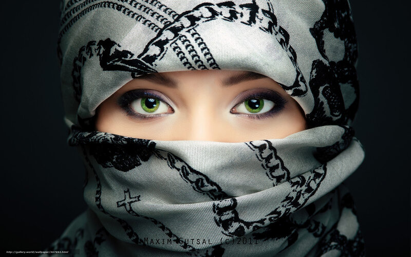 Woman with Green Eyes — Black, Dramatic, Photograph, Headscarf, Makeup