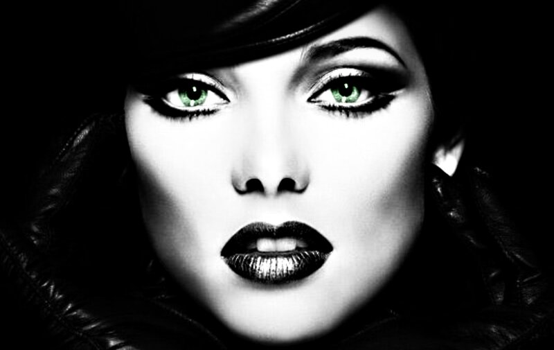 Woman with Green Eyes — Black, Dramatic, Photograph, Makeup, Lipstick