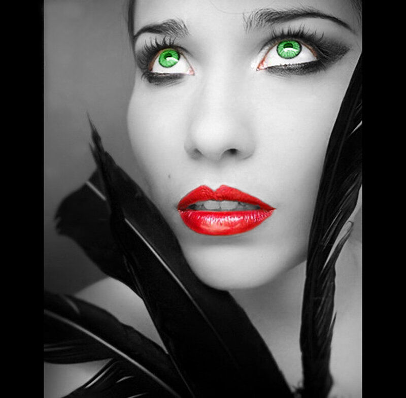 Woman with Green Eyes — Black, Dramatic, Photograph, Red Lips, Black Feathers
