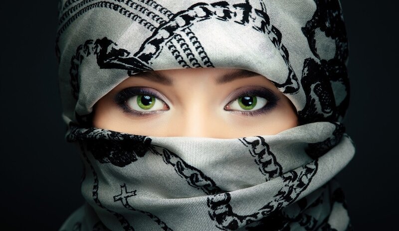 Woman with Green Eyes — Black, Dramatic, Photograph, Scarf
