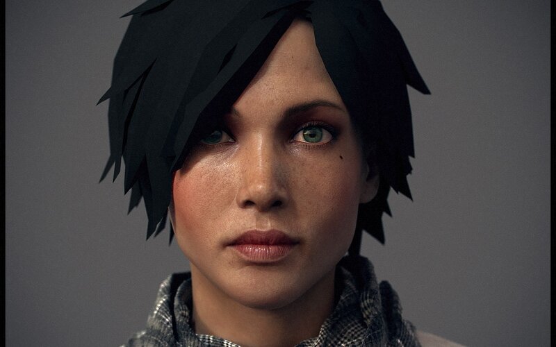 Woman with Green Eyes — Black, Serious, 3d Render, Short Black Hair